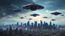 An Armada Of UFOs Looms Over The Downtown Area, Colossal Alien Spacecraft Casting Shadows On The City.