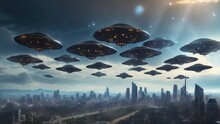 An Armada Of UFOs Looms Over The Downtown Area, Colossal Alien Spacecraft Casting Shadows On The City.