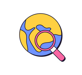Leinwandbilder - Earth globe and magnifying glass, lens, retro 90s icon. Global search, world internet concept. Magnifier on map planet in retrowave style. Flat graphic vector illustration isolated on white background