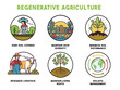 Regenerative agriculture method for soil health and vitality Icons set. Farming principles to rehabilitate or improve topsoil layer and crop biodiversity. Vector.