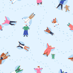 Poster - People making snow angels, seamless pattern. Happy families, kids on winter holiday, vacation. Endless wintertime background design, repeating print for fabric, wrapping. Flat vector illustration