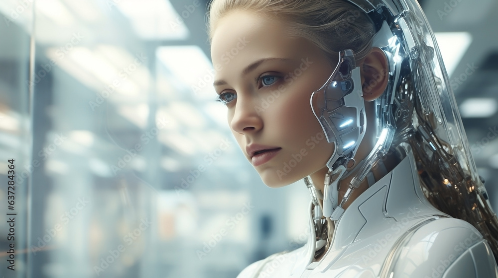 Generative AI, beautiful blonde robot girl, cyborg, android, modern ...