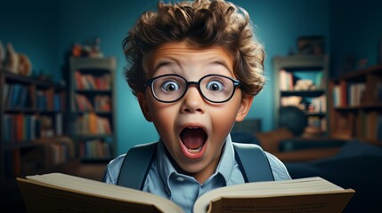 Wall Mural - Surprised little boy in glasses with backpack reading book on blue background. Back to school concept