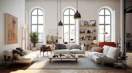 Wall Mural - Cosy living room decorating scandinavian style mixed modern style with ,bookshelf,sofa bed,and lamp,interior home design concept.