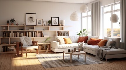 Wall Mural - Cosy living room decorating scandinavian style mixed modern style with ,bookshelf,sofa bed,and lamp,interior home design concept.