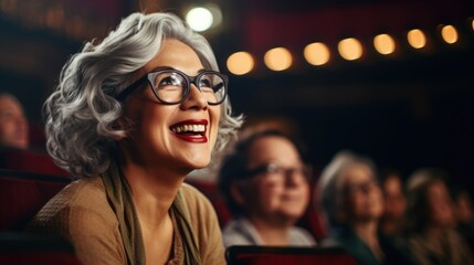 Poster - person watching movie in cinema.  mature woman attends a theater performance. Generative Ai