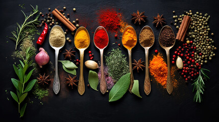 Various colorful herbs and spices on a dark background