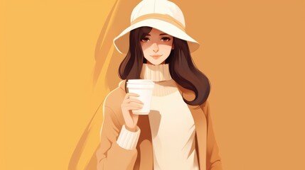 Poster - Girl in a stylish outfit holding a cup of coffee, coffee banner, background, International Coffee Day . Generative Ai