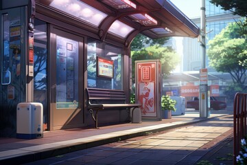 Poster - Bus stop street anime visual novel game. Generate Ai