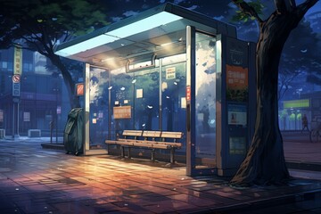 Poster - Bus stop lights night anime visual novel game. Generate Ai