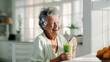 senior person holding a glass of juce. elderly woman at home, smiling, drinking green juice, modern house, white walls, Generative Ai