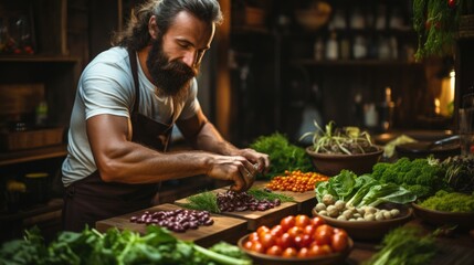 Sticker - a man in the kitchen prepares a salad. Generative AI