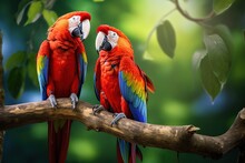 Two Scarlet Macaws Are Facing Each Other On A Branch On Tropical Blurry Background