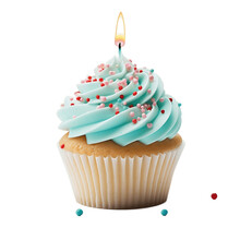 A Birthday Cupcake With A Candle On A White Background, Generative Ai