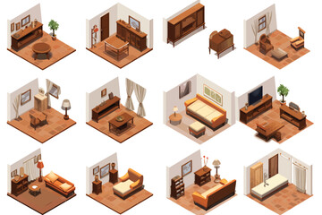 Wall Mural - rooms interior set isometric vector flat isolated illustration