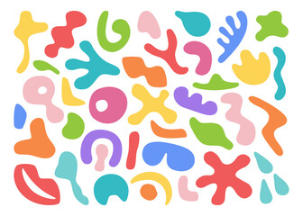 Poster - Decorative shapes, blobs and blots doodles flat cartoon set. Realistic elements for design of various decorative elements isolated on white background. Vector collection of 3d abstract plumps