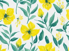 Watercolor Yellow Flowers With Green Leaves, AI Generated