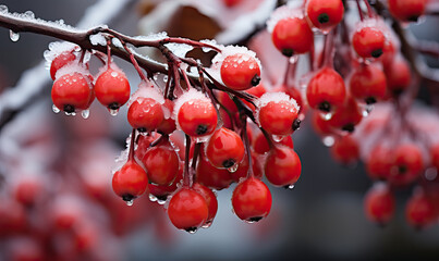 Frozen red berries on a branch, on a blurred background.