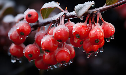 Frozen red berries on a branch, on a blurred background.