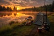 fishing rod and camping gear on a lakeside campsite at dawn