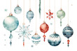 set of multicolor watercolor christmas decoration bauble illustrations on clear background for decoration, print, cards