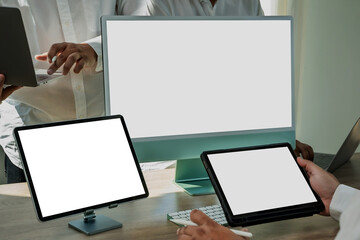 Poster - Laptop with blank screen on table. Workspace background new project on laptop computer with blank copy space screen for your advertising text message