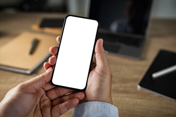 Poster - Man hand using phone with blank screen and modern frameless design and typing text message on smartphone communication smart digital
