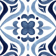 Blue and white Azulejos tile. Hand painted watercolor illustration. Seamless pattern.