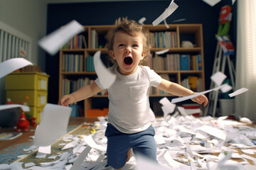 Hyperactive toddler creates chaos in messy kids' room, throwing items and tearing paper.