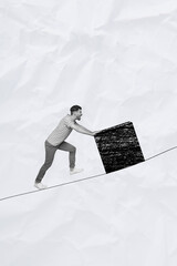 Aufkleber - Vertical collage picture of black white colors motivated determined guy arms hold painted cube upwards rope isolated on paper background