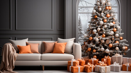 Stylish living room interior with decorated Christmas tree and comfortable sofa