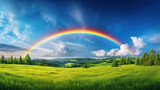 Fototapeta Tęcza - Rainbow in the Sky Over Green Field.Generative Ai