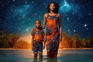 African Mother And Son Stand In A Beachwear On Galaxy Stars Background . African Maternal Bond, Beachwear Style, Galaxy Scene, Family Photo Shoot