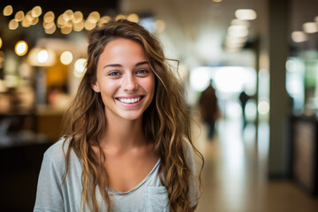 Wall Mural - Joyful young woman in casual attire. Generative AI.