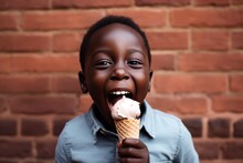 Surprise African Boy Holds And Eats Ice Cream On Brick Wall Background. Сoncept African Childrens Delight Cold Treats, Wall Mural Photography Fun And Creative, Sweet Suprises Unexpected Pleasures