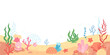 Seabed horizontal seamless border, underwater world with corals, seashells and seaweed. Cartoon ocean floor scene, sea bottom, undersea marine life vector illustration on transparent background