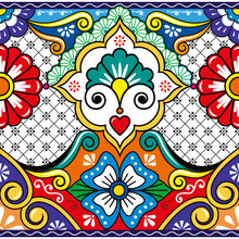 Pottery Or Ceramics Style From Mexico Vector Seamless Pattern, Talavera Design With Vibrant Flowers, Swirls And Leaves
