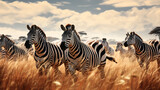 Fototapeta  - A herd of zebras running through a field.Generative Ai