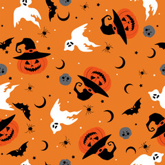 Wall Mural - Seamless pattern with pumpkins with hat and stars. Vector Halloween background in flat style. Doodle style. For textiles, clothing