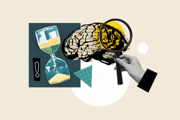 Composite sketch photo concept abstract collage of arm hold magnifier glass study secrets of brain isolated creative drawing background