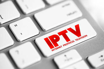 Poster - IPTV - Internet protocol television is the delivery of television content over Internet Protocol networks, acronym text button on keyboard
