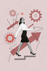 Poster - Vertical collage picture of serious successful black white colors elegant girl climb stairs upwards growing arrows cogwheel gear
