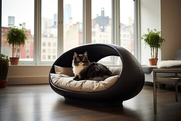 Sticker - A cute adult cat lies on a round pet bed in the apartment.