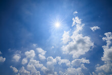 Blue Sky And White Clouds With Sun. Sky Clouds Nature Background.