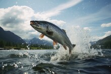 Salmon Or Trout Jumps Out Of The Water Of A Sea Bay With Mountains In The Background.