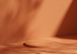 3D pedestal podium, orange background with tree leaves shadow. Autumn, Halloween beauty, cosmetics, product platform. Display mockup. Natural 3D render. Fall minimal trendy illustration for branding.