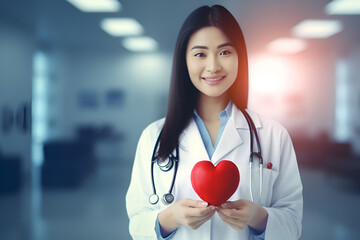 Wall Mural - A female doctor holds a red heart in her hands