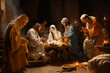 Birth of Jesus Christ in Bethlehem, Mary and Joseph sitting next to the manger , religion and faith of christianity, bibical story of Christmas, generative AI 
