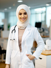 Portrait of hijab woman with health concept. Portrait of confident female nurse in a hospital or doctor's office. She is smiling at the camera. AI generated