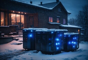 Wall Mural - Futuristic black battery packs glowing neon blue producing electric energy for the house at winter, modern tech-concept, sustainability
